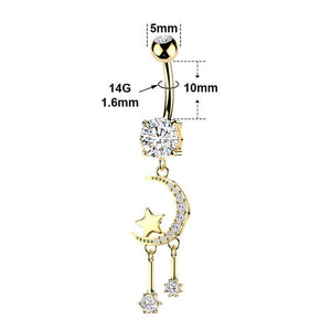 14G Dangle Crescent Moon Star CZ Belly Ring