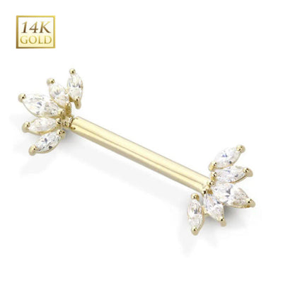 14K Gold 14G Clear CZ Marquise Flower Nipple Barbell