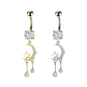 Dangle Crescent Moon Star CZ Belly Ring