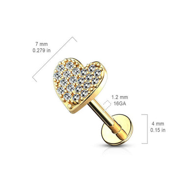 Internally Threaded Paved CZ Heart Ends Flat Back Labret Stud