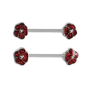 Red Glitter CZ Flower Nipple Barbell