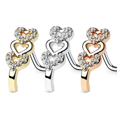 Paved Triple Heart Crawlers L Shaped Nose Studs 6mm